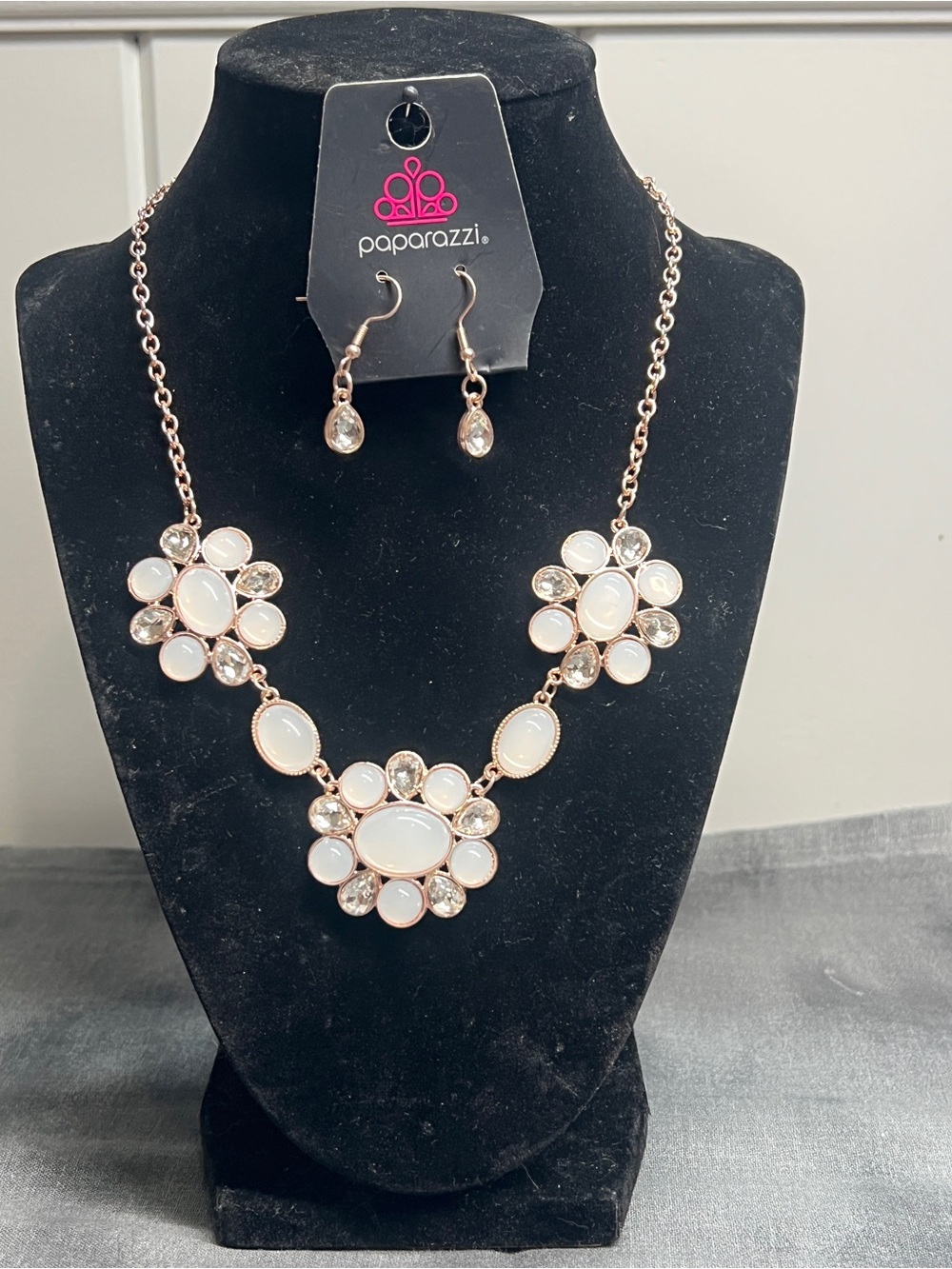 Paparazzi Rose Gold and White Floral Cluster Necklace with Dangle Earrings